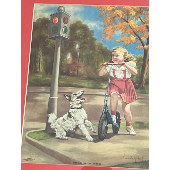 Vtg MCM Adelaide Hiebel Print "Cop on the Corner" with Gold Frame & Orange Mat - Picture 8 of 13